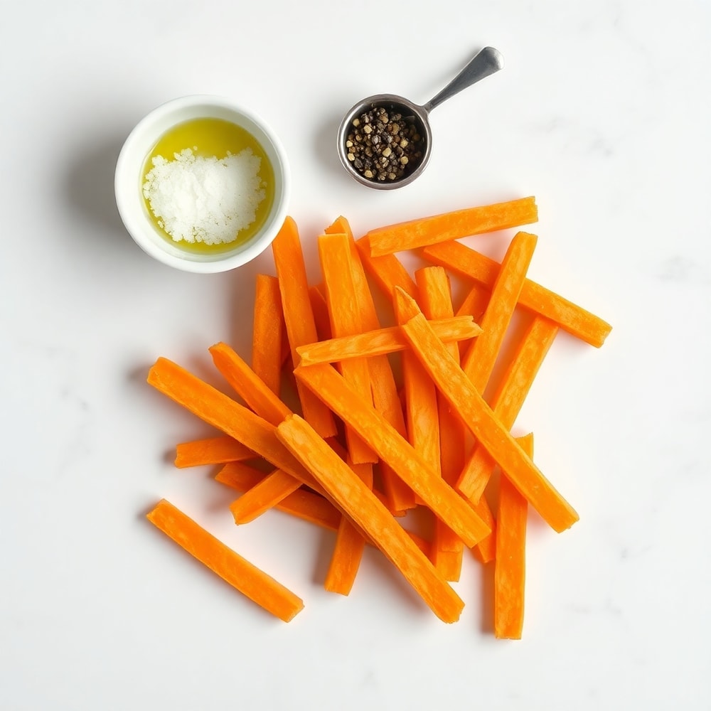 Raw sweet potato fries, olive oil, salt, and pepper arranged on a white marble surface