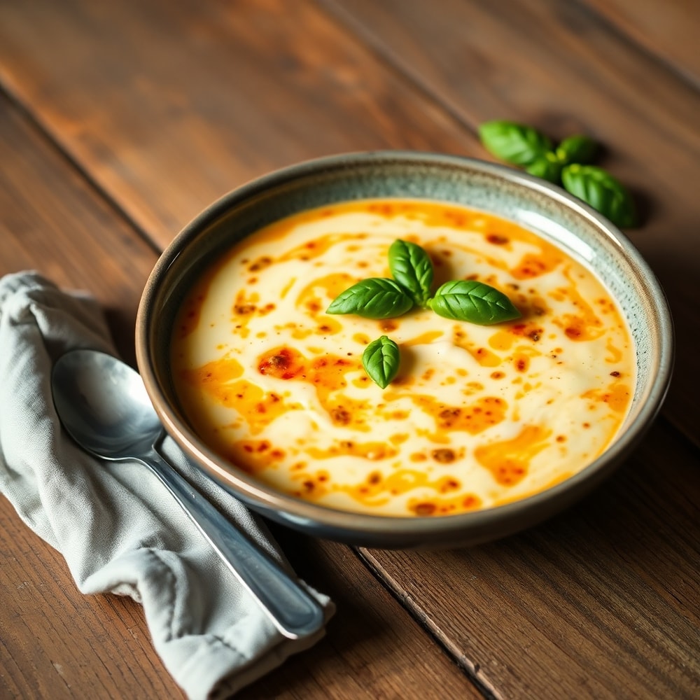 Bowl of creamy Paleo Pizza Soup with garlic bread on the side