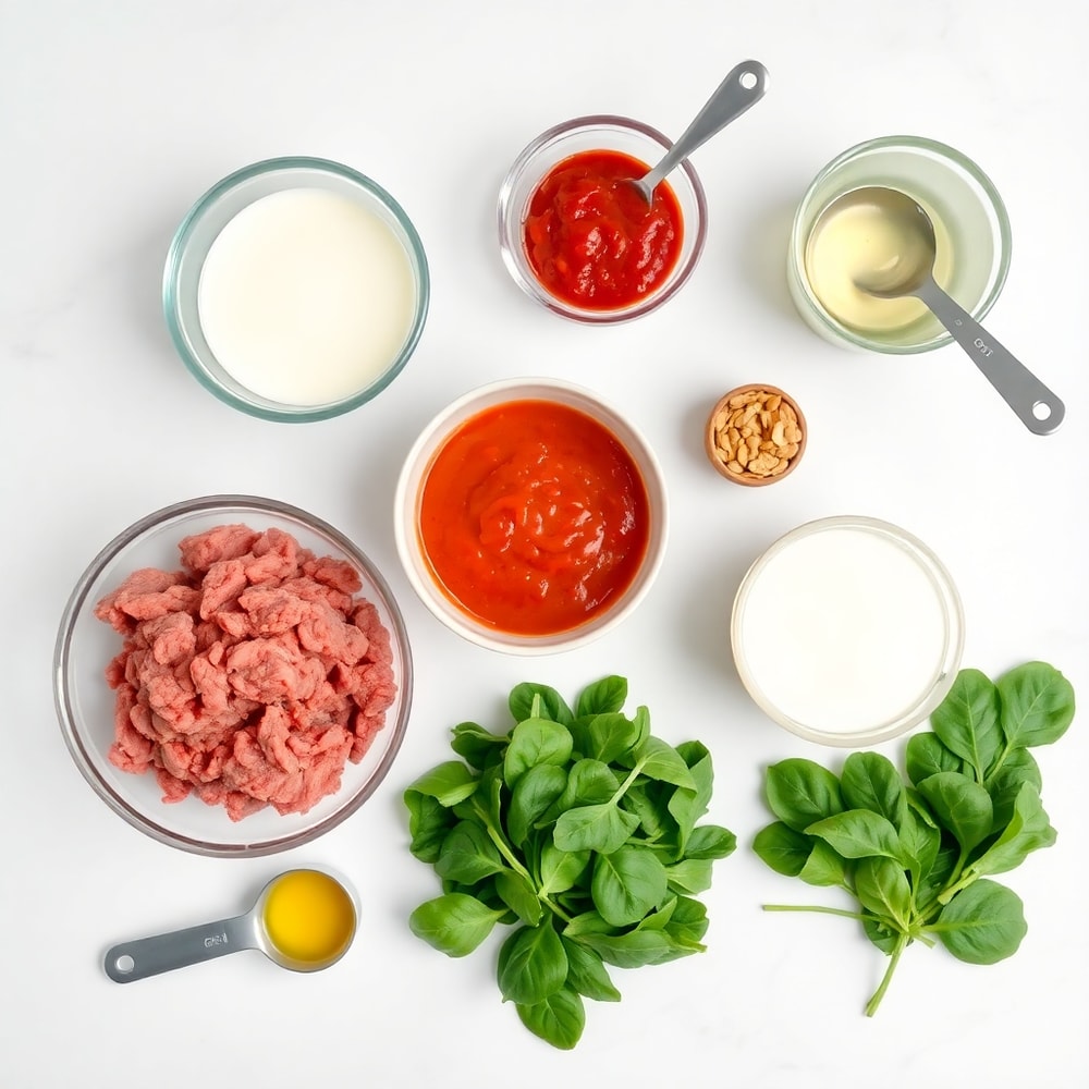 Raw ingredients for Paleo Pizza Soup: ground beef, diced tomatoes, pizza sauce, coconut milk, etc.