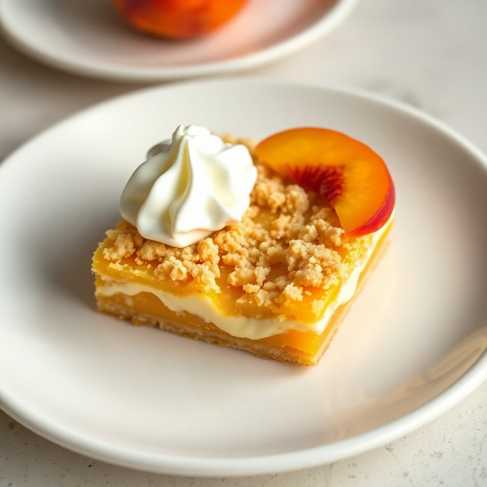 A single serving of Peaches and Cream Crumble Bars on a dessert plate