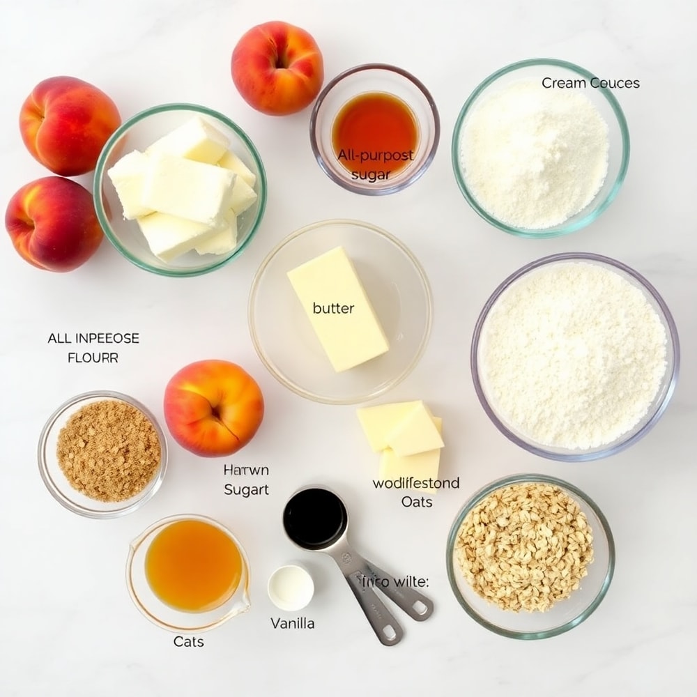 Ingredients for Peaches and Cream Crumble Bars on a marble surface