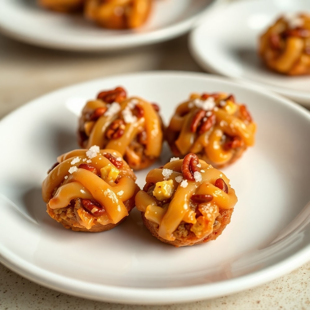 One perfect plated serving of Crispy Pecan Crunch Glazed Bites on a small white plate, garnished with a sprinkle of sea salt, close crop, warm side lighting showing texture
