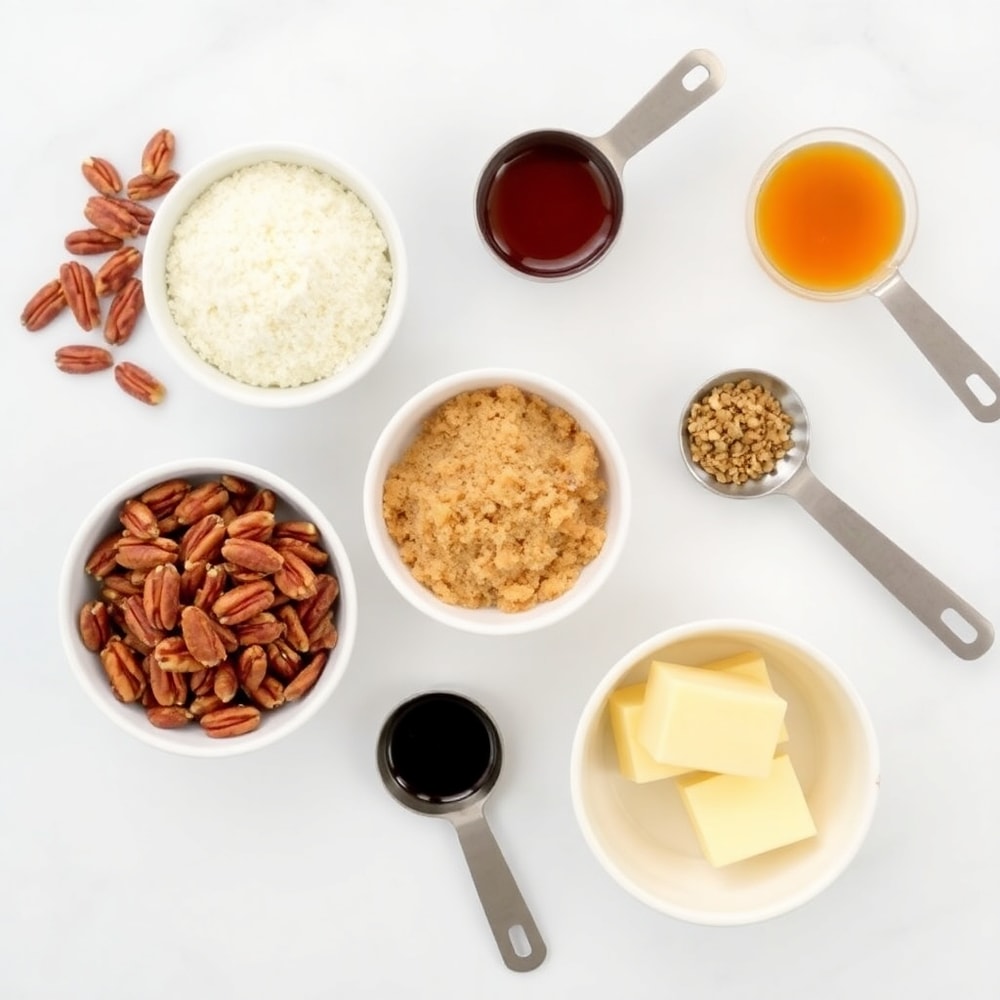 Overhead flat lay of raw ingredients including pecans, brown sugar, corn syrup, and butter, arranged on a white marble surface with measuring spoons and bowls, bright even light