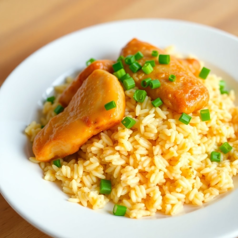Pineapple Chicken and Rice plated, garnished with green onions