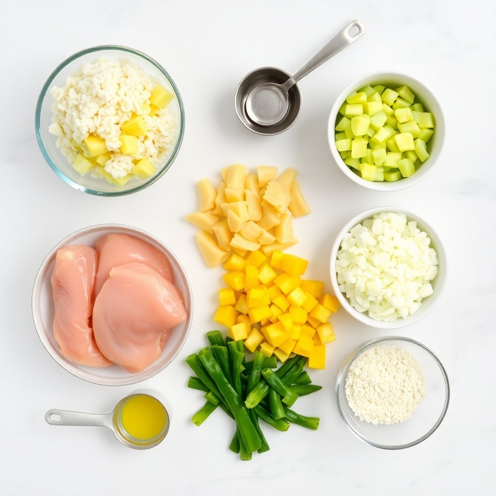 Raw ingredients for Pineapple Chicken and Rice: chicken, pineapple, rice, bell peppers, onions, garlic, soy sauce, and spices