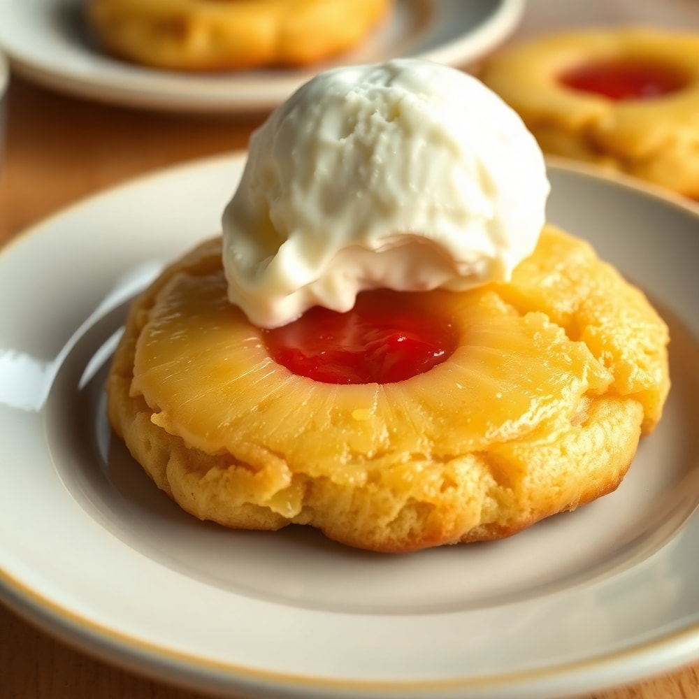 Pineapple Upside Down Sugar Cookies plated with a scoop of vanilla ice cream