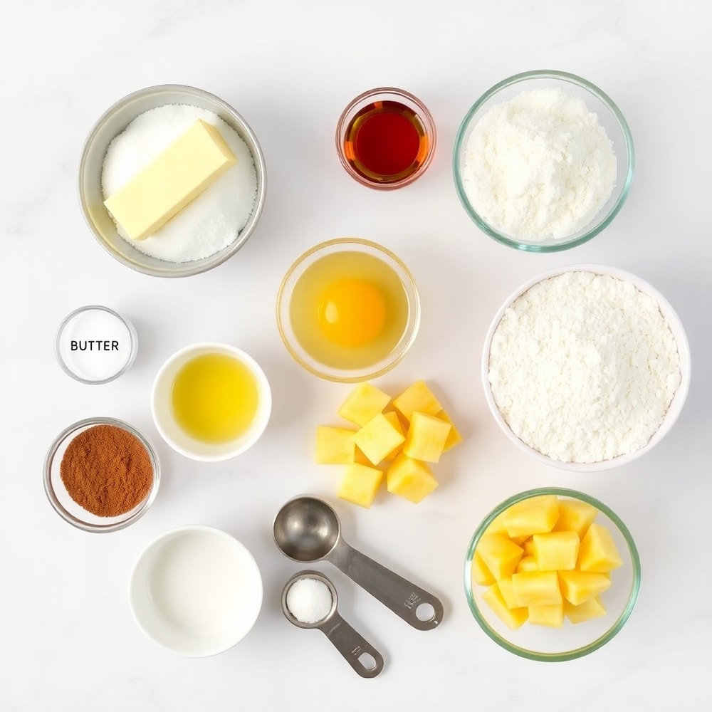 Ingredients for Pineapple Upside Down Sugar Cookies on a white marble surface
