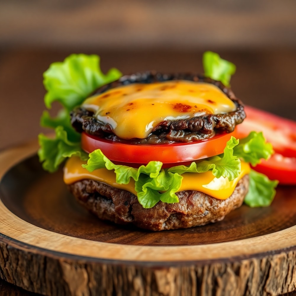 Plated Portobello Mushroom Burger with lettuce and tomato