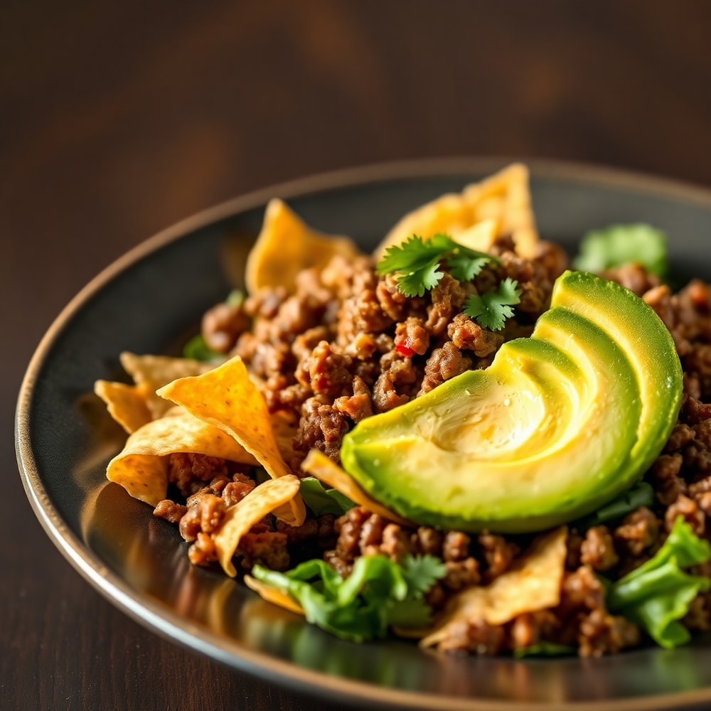 Plated serving of Post-Workout Taco Salad Bowl with crispy tortilla strips and avocado garnish