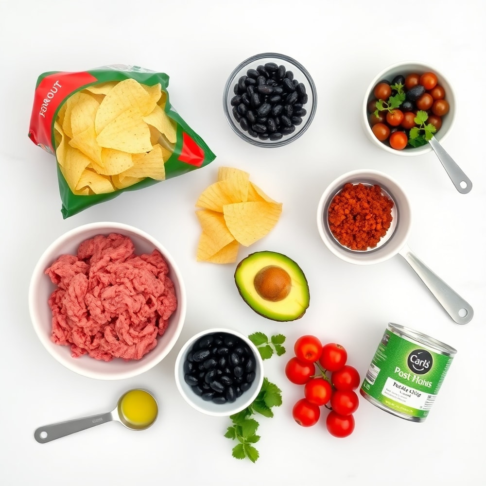 Raw ingredients for Post-Workout Taco Salad Bowl including ground beef, tortilla chips, and avocado