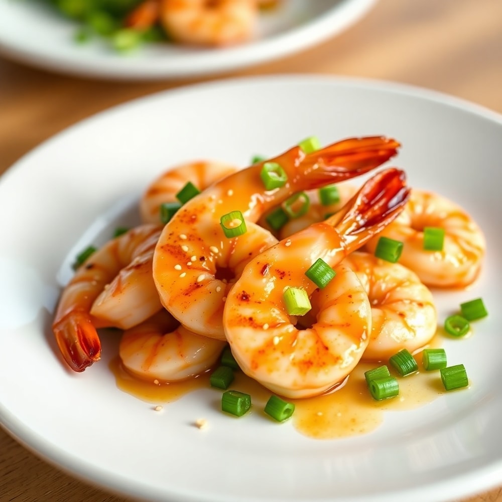 Plated Honey Garlic Grilled Shrimp with garnish