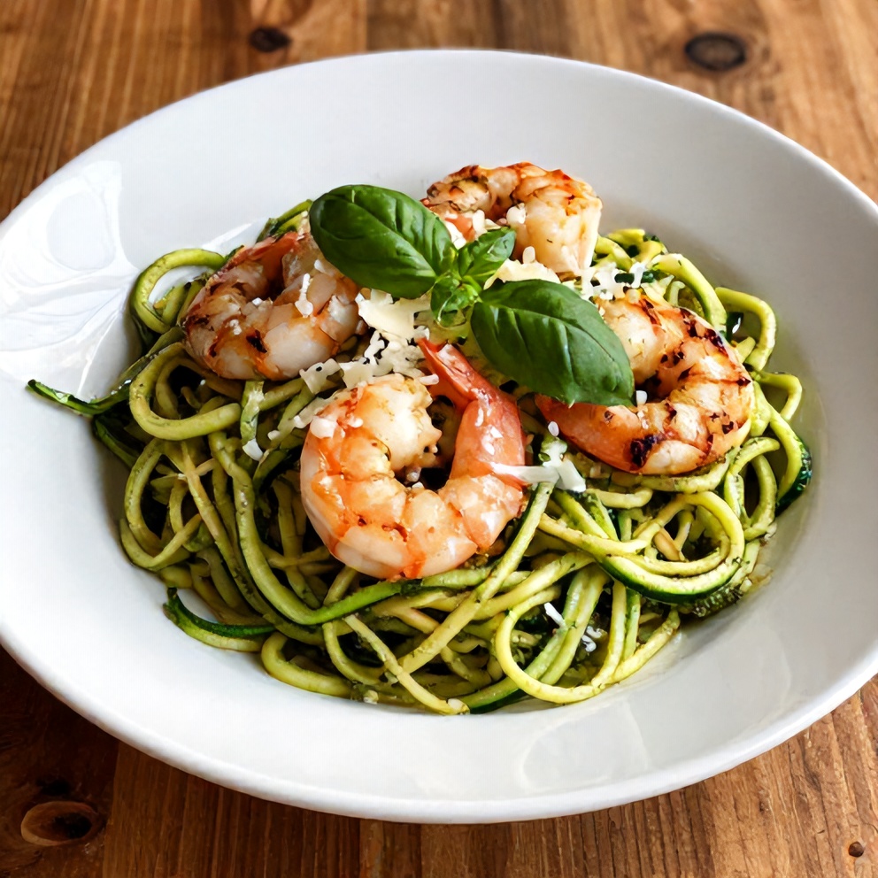 Plated Quick Zucchini Noodles with Pesto and Grilled Shrimp