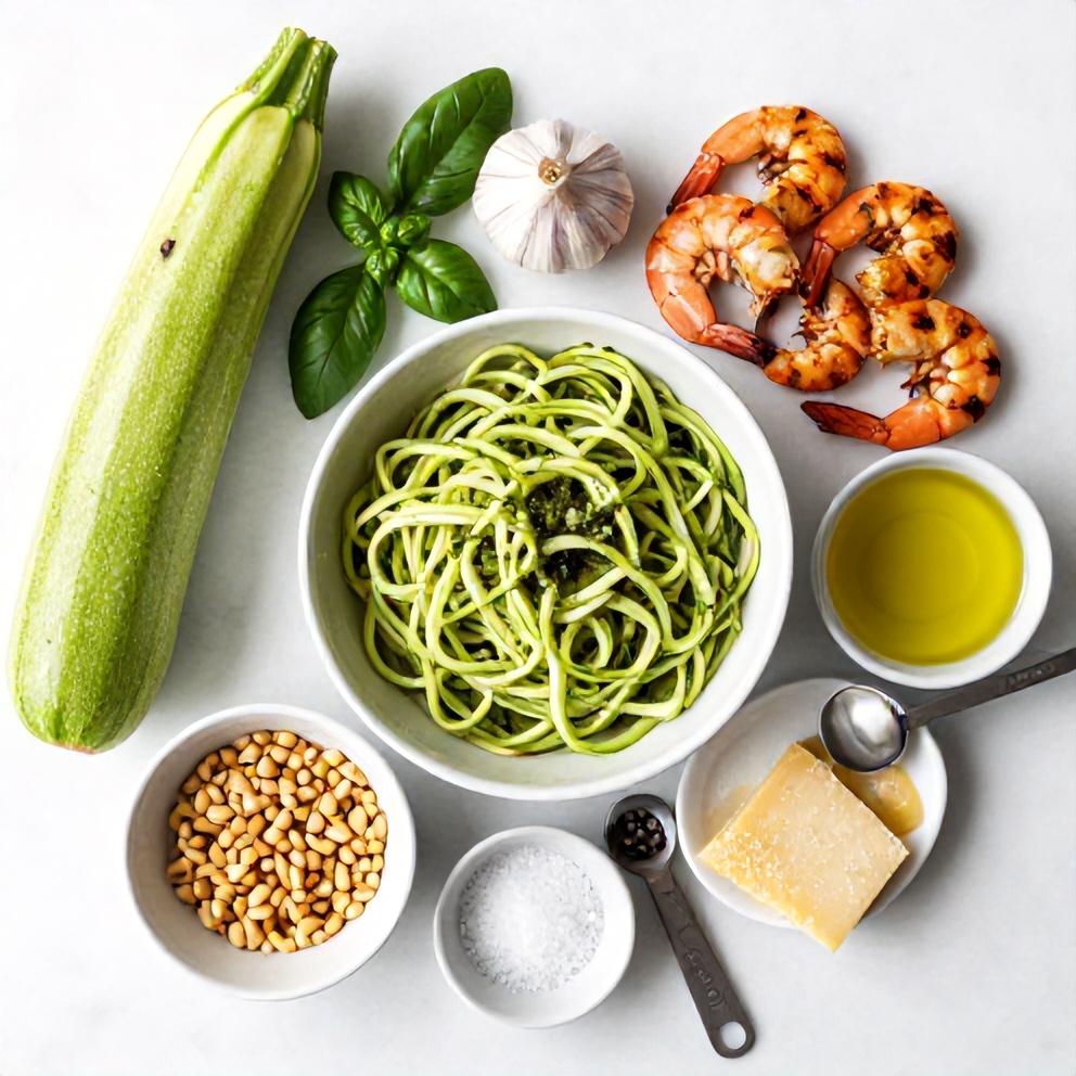 Raw ingredients for Quick Zucchini Noodles with Pesto and Grilled Shrimp