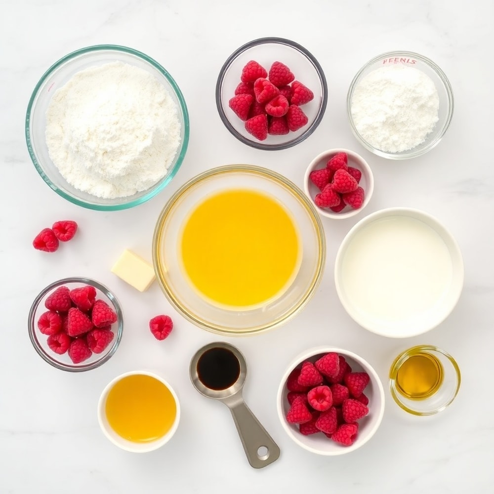 Raspberry Bread ingredients on a marble surface