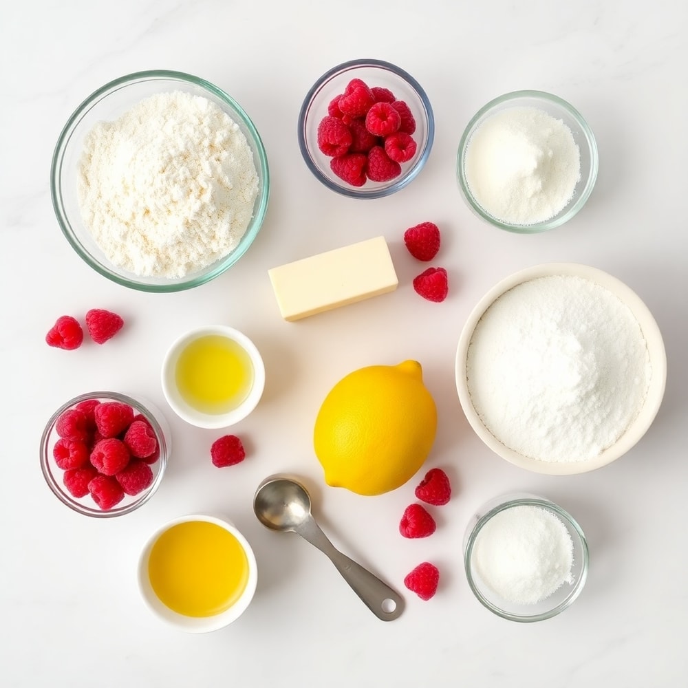 Raw ingredients for Raspberry Lemon Cookies on a white marble surface
