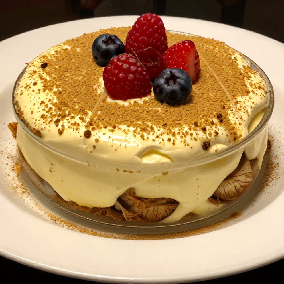Lemon tiramisu served in a glass dish with fresh berries