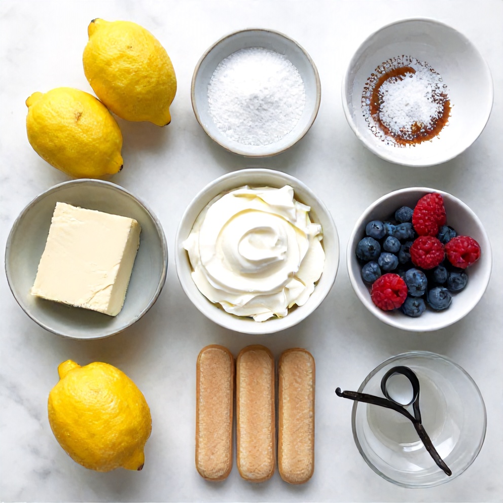 Lemon tiramisu ingredients arranged on a marble surface