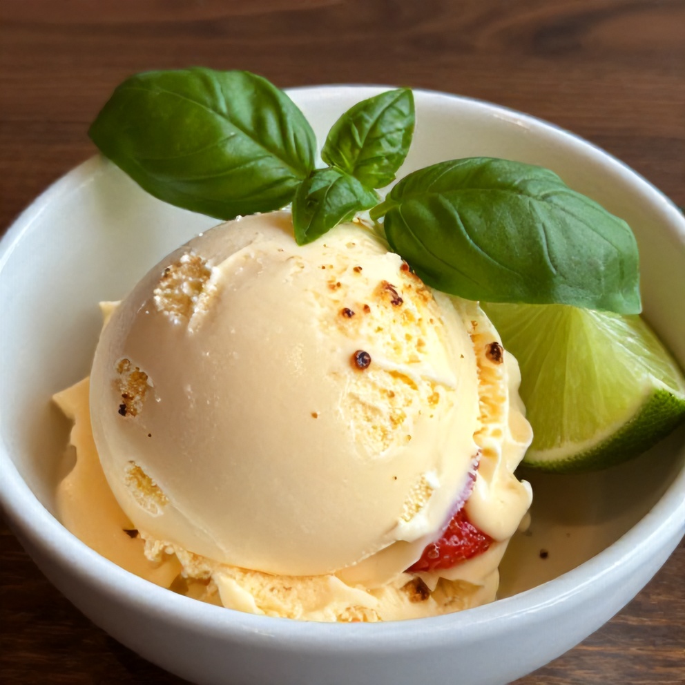 Plated serving of Roasted Strawberry Lime Basil Ice Cream