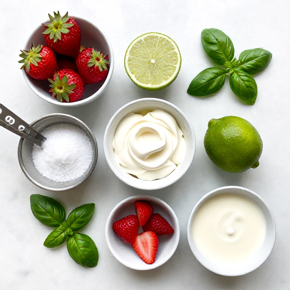 Raw ingredients for Roasted Strawberry Lime Basil Ice Cream