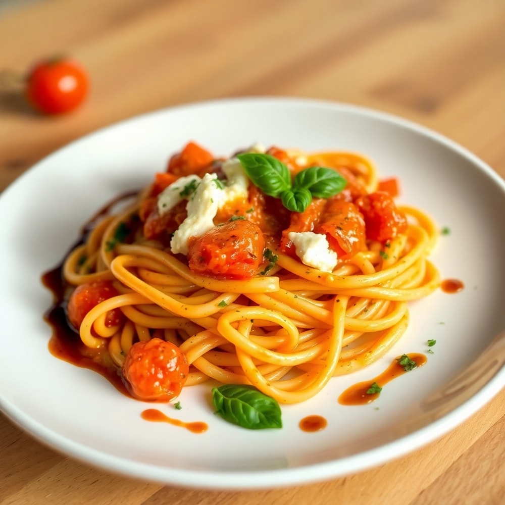 Plated Roasted Tomato Garlic Ricotta Pasta