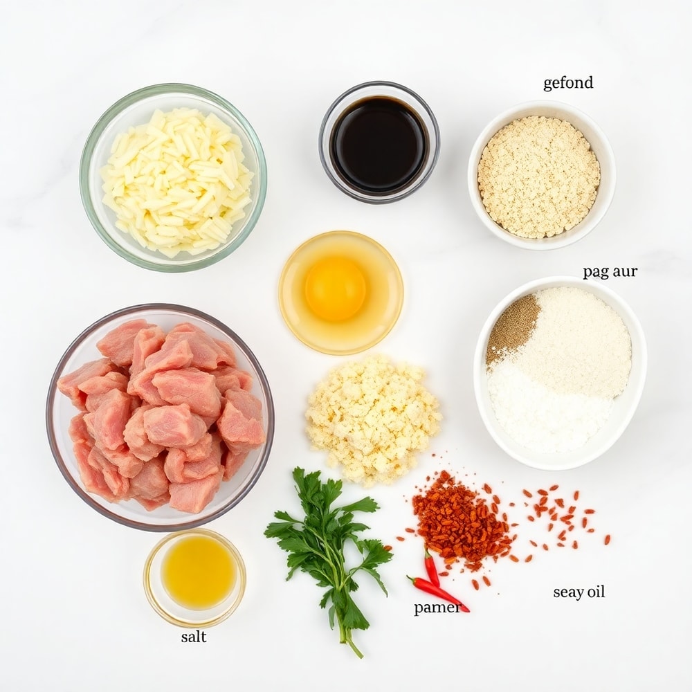 Raw ingredients for garlic pork bites on a marble surface