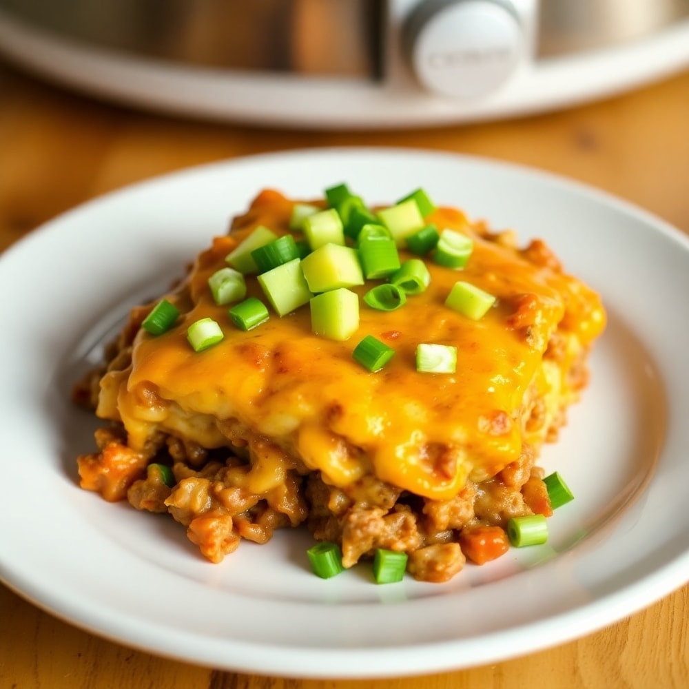 Plated Cowboy Casserole with a side of green salad