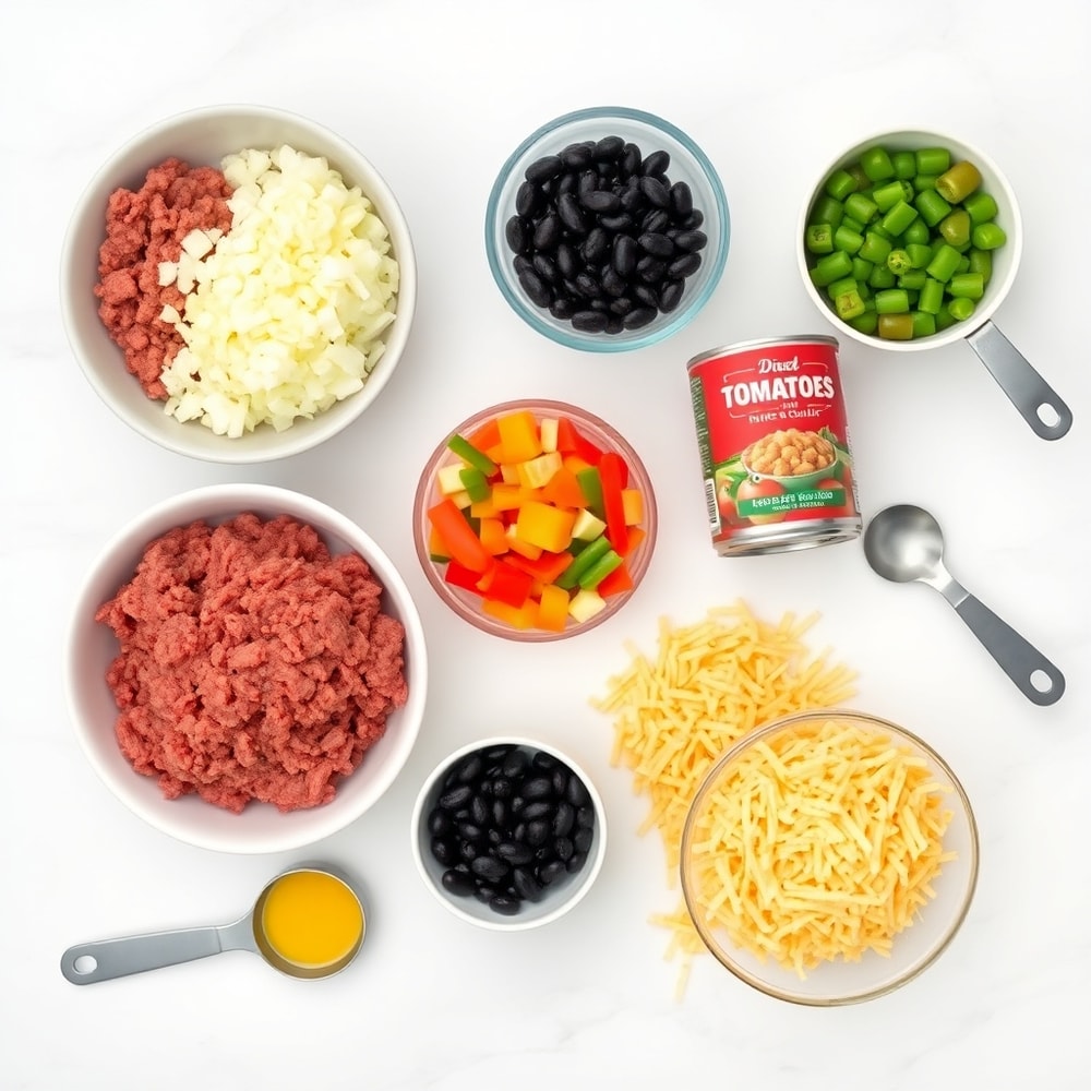 Ground beef, bell peppers, onions, canned beans, and cheese arranged in a flat lay