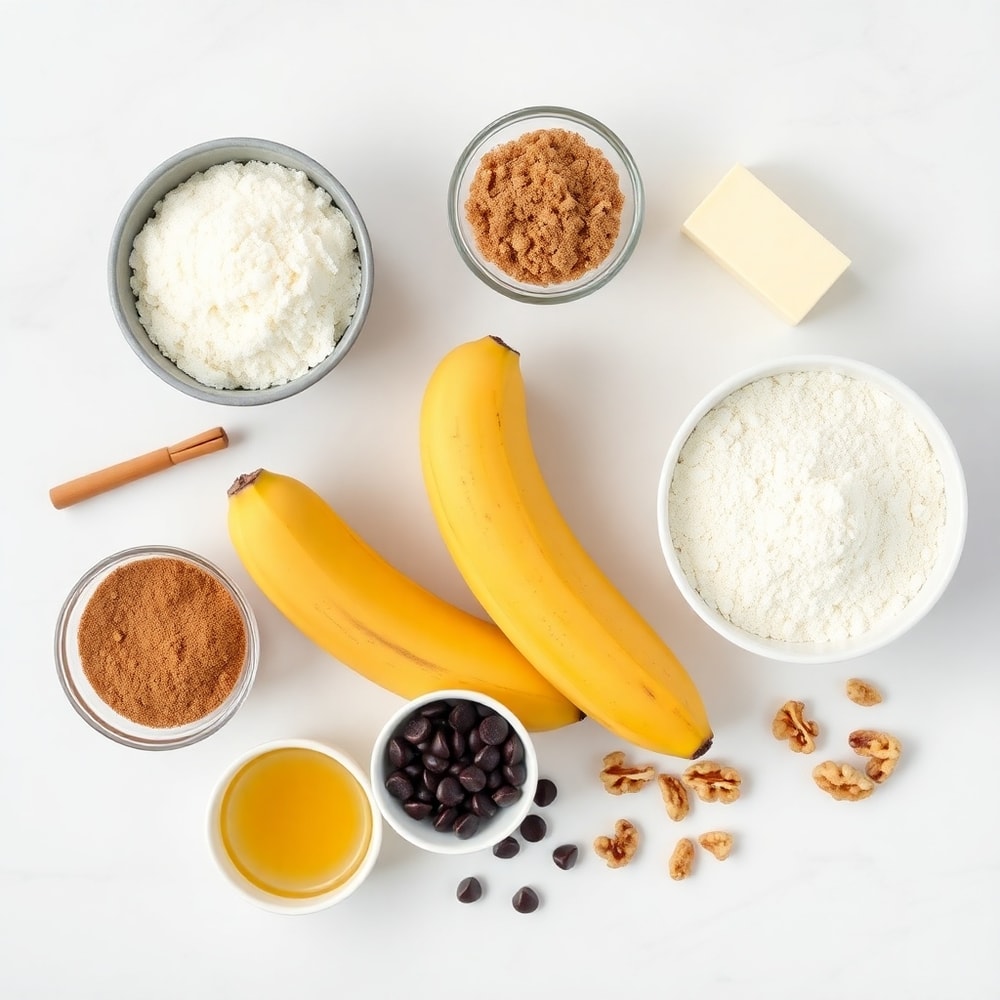 Raw ingredients for Soft and Fluffy Banana Bread Cookies on a marble surface