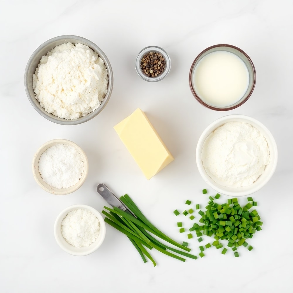 Raw ingredients for sour cream and onion biscuits on a marble surface