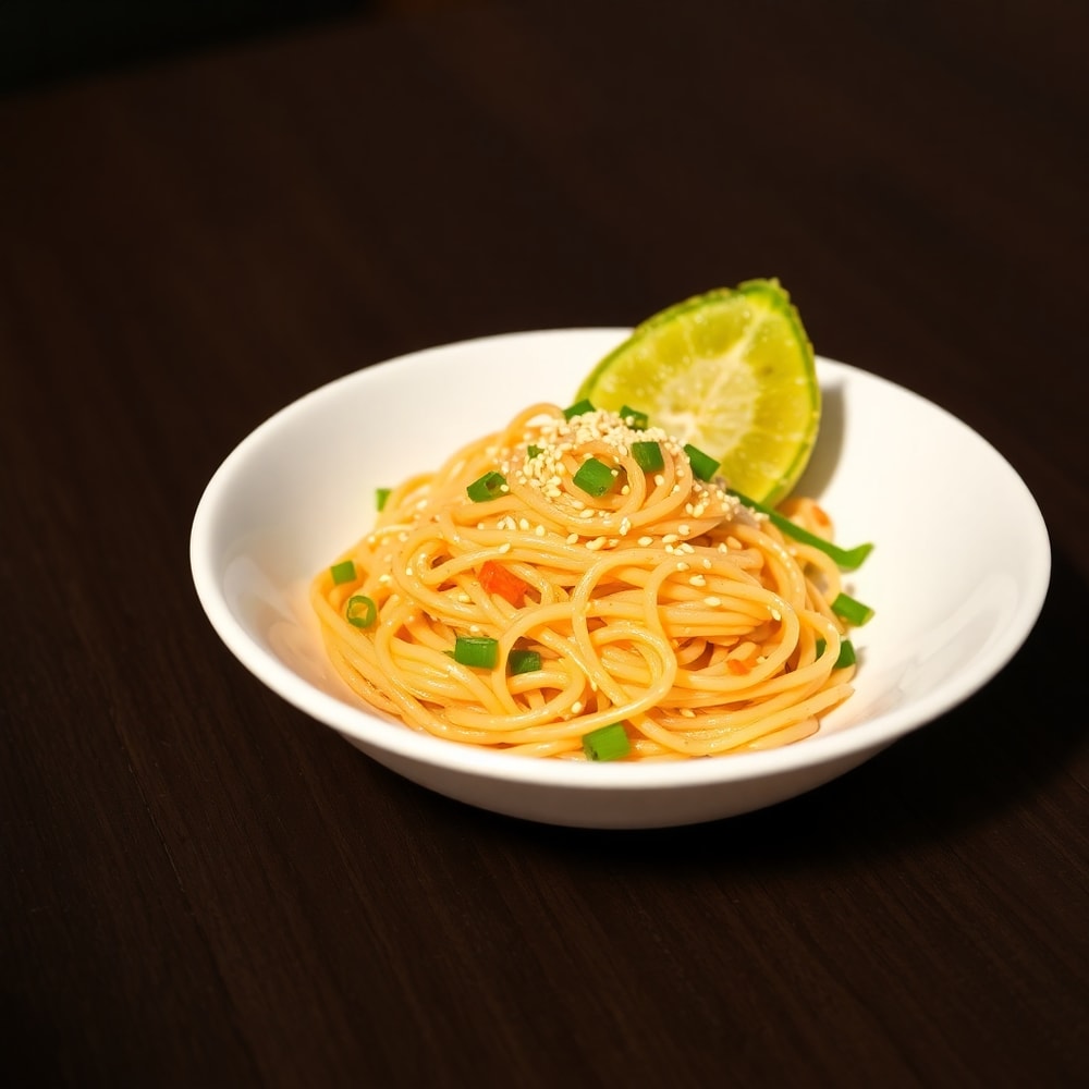 A beautifully plated Spring Roll Bowl, garnished with sesame seeds and green onions, on a white plate.