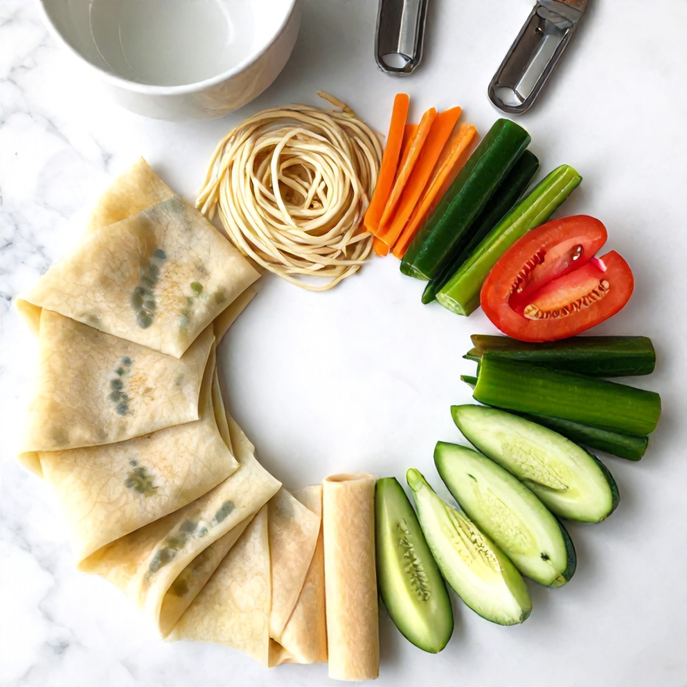An overhead shot of the ingredients for the Spring Roll Bowl, including spring roll wrappers, noodles, and colorful vegetables.