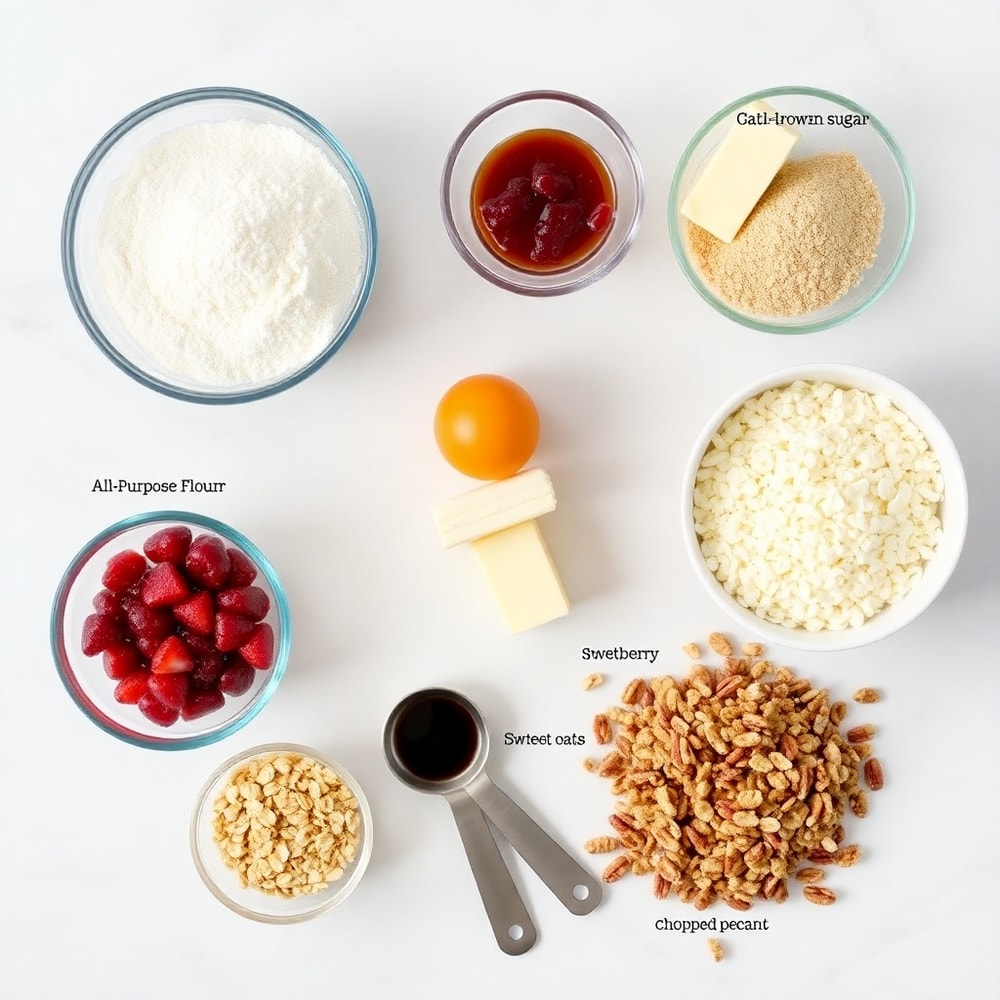 Strawberry Crunch Cookies ingredients on a marble surface
