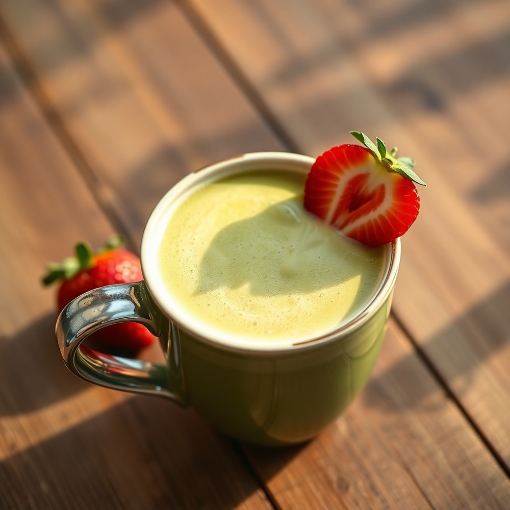 Strawberry Matcha Latte poured into a mug with a strawberry slice on the rim