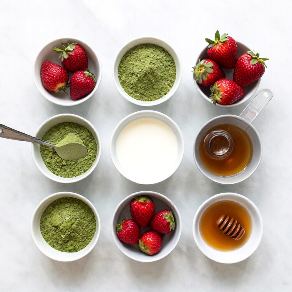 Strawberries, matcha powder, milk, and honey arranged on a wooden surface