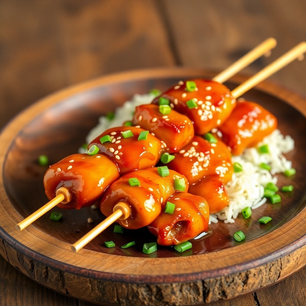Plated Sweet and Spicy Hot Honey Chicken Skewers