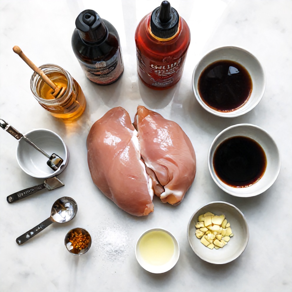 Raw Ingredients for Sweet and Spicy Hot Honey Chicken Skewers