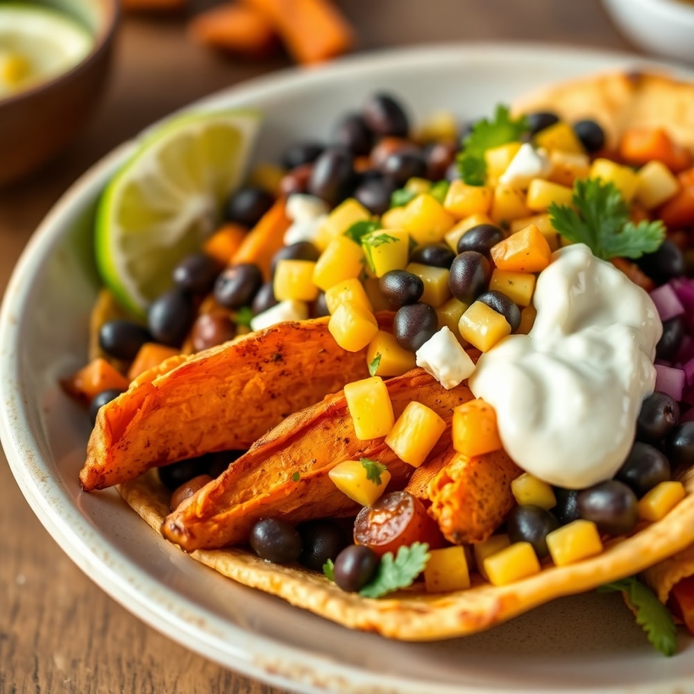 Plated Sweet Potato Taco Bowl with lime crema