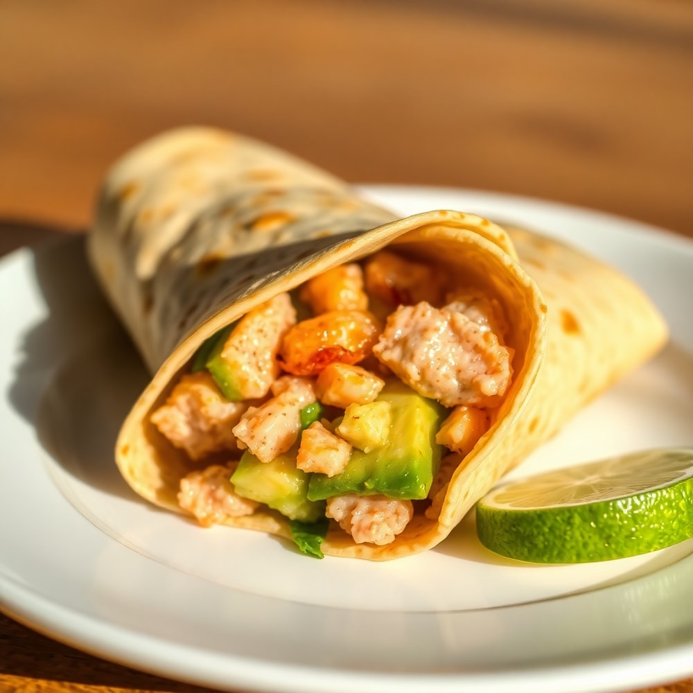 Sweet & Spicy Hot Honey Tunacado Wrap on a white plate with a lime wedge