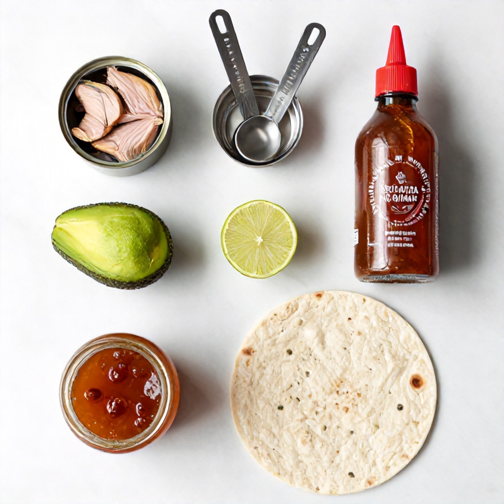 Raw ingredients for Sweet & Spicy Hot Honey Tunacado Wrap on a white marble surface