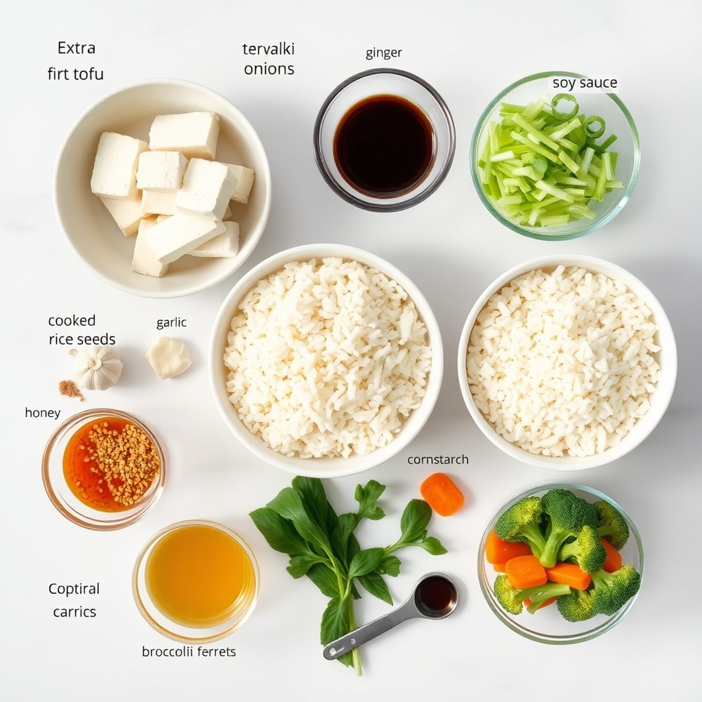 Raw ingredients for Teriyaki Tofu Rice Casserole