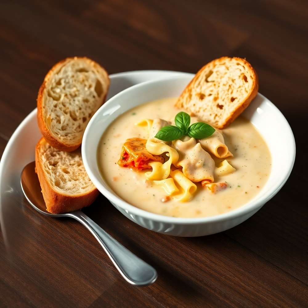 Bowl of White Lasagna Soup with garlic bread