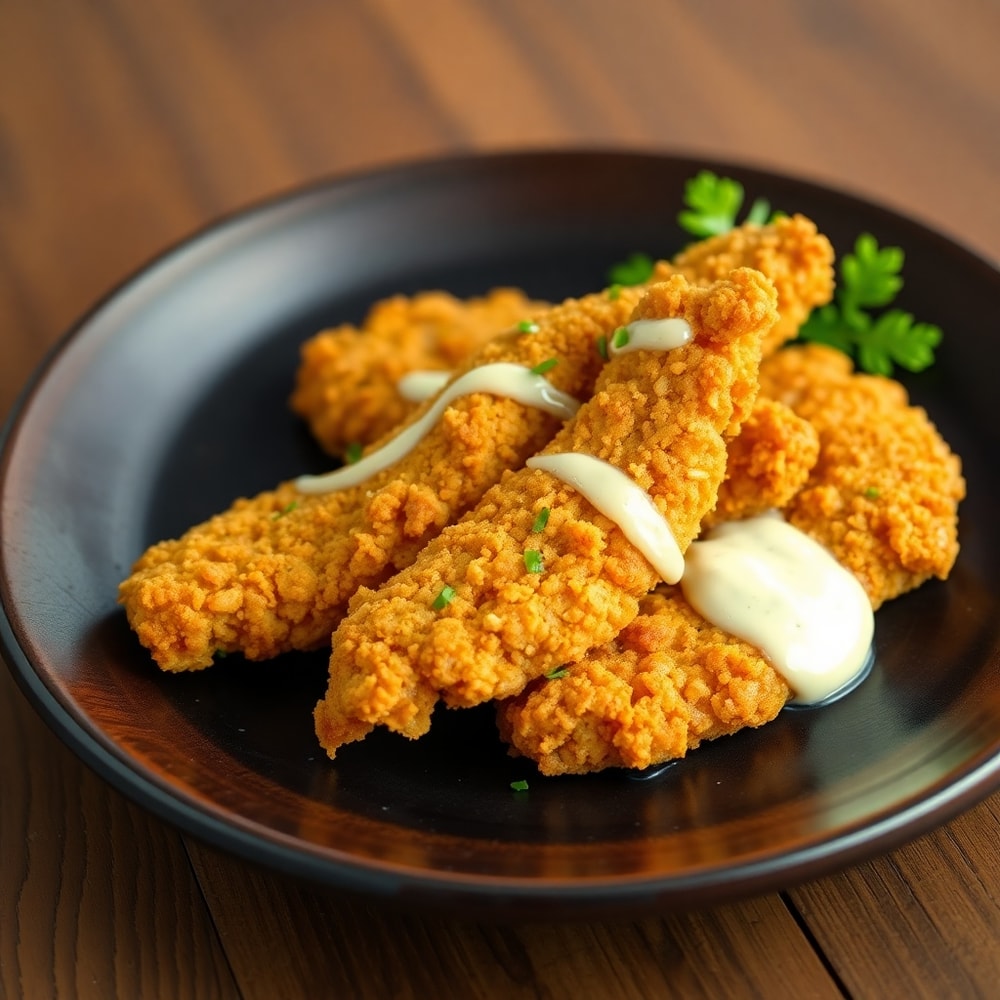 Plate of crispy air fryer chicken tenders with a side of Caesar dressing