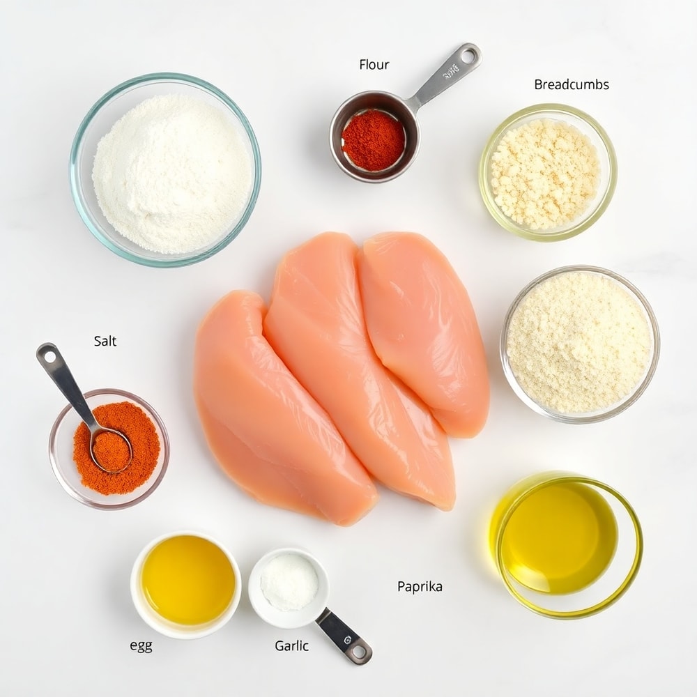 Raw chicken tenders, flour, egg, panko breadcrumbs, salt, paprika, garlic powder, and olive oil laid out on a wooden surface