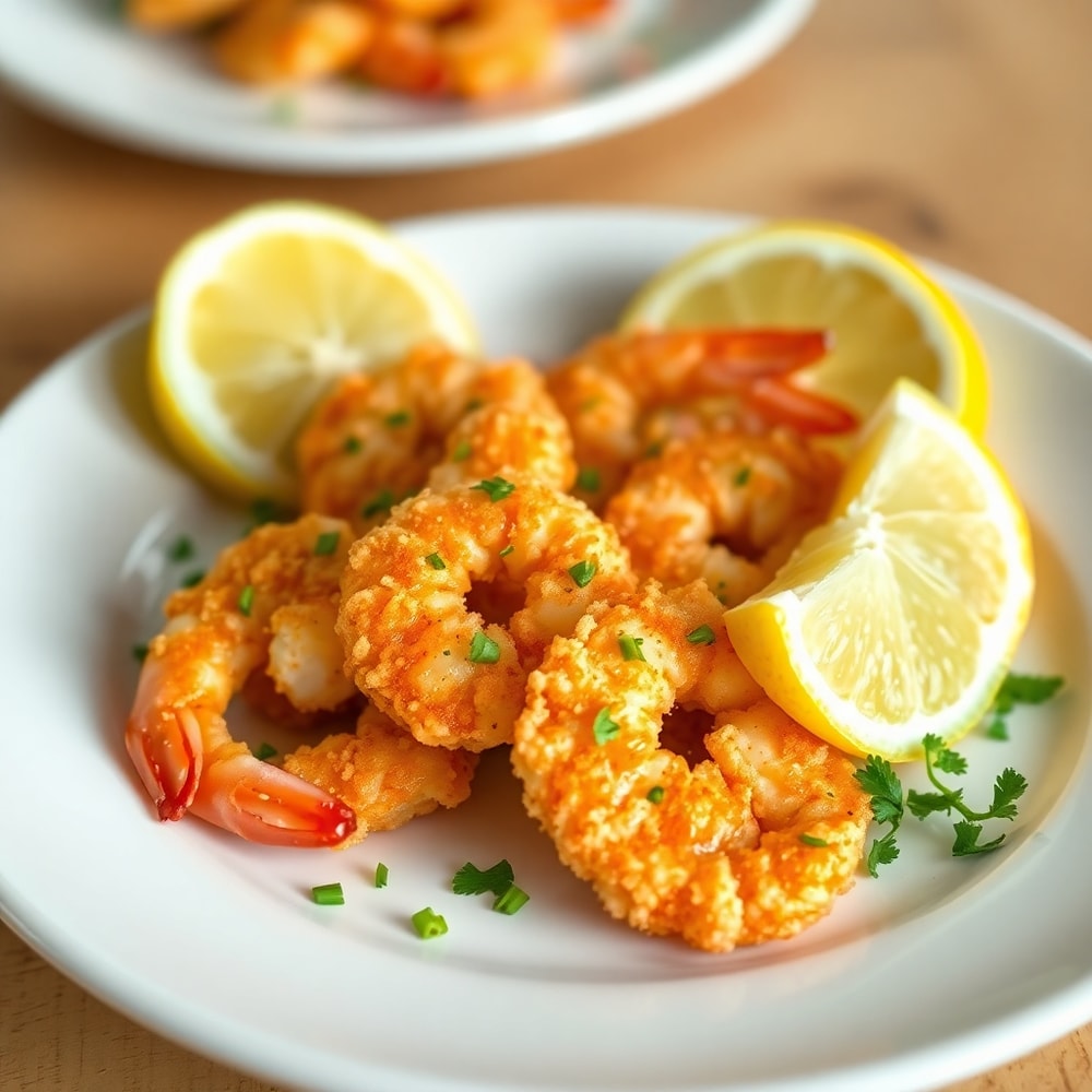 Plated Air Fryer Shrimp with lemon wedges