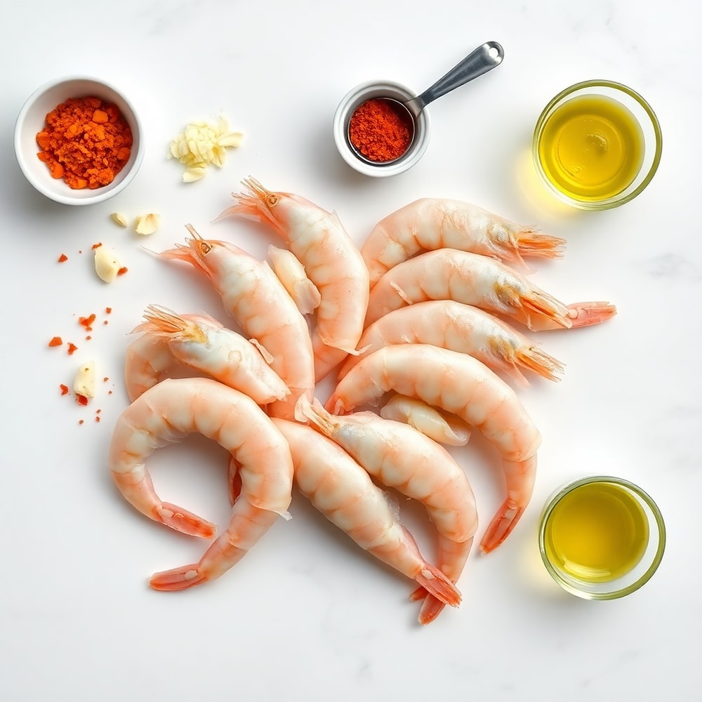 Raw shrimp, garlic, paprika, and olive oil laid out on a wooden surface