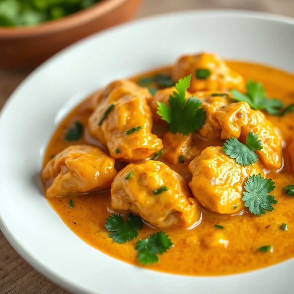 Plated butter chicken with garnish