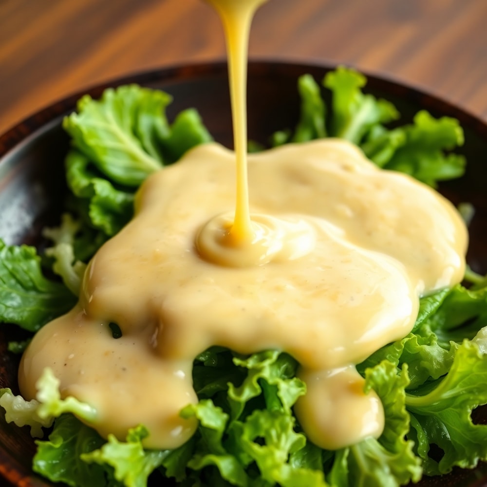 Caesar Dressing Drizzled on a Caesar Salad