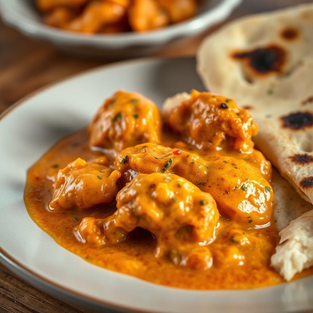 Plated Chicken Tikka Masala with naan bread