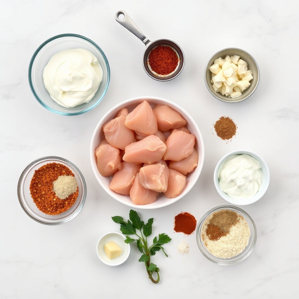 Raw ingredients for Chicken Tikka Masala arranged in a flat lay
