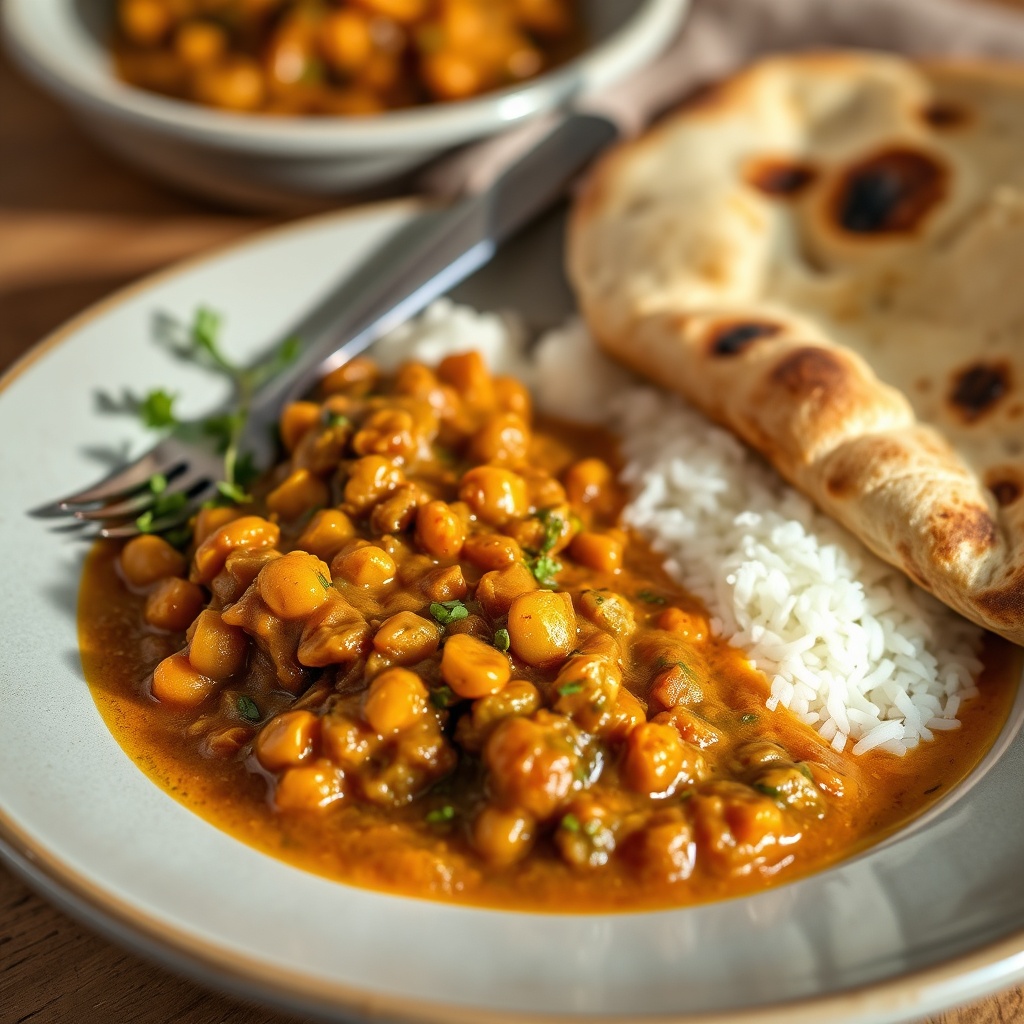 Plated lentil curry with naan bread
